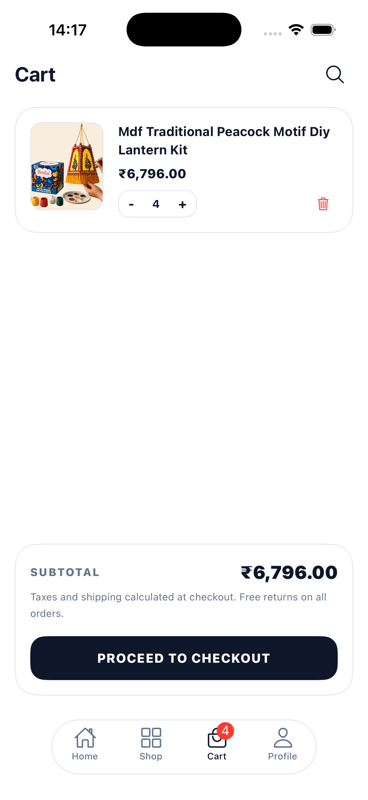 App cart screen with a product, quantity control, subtotal, and checkout button