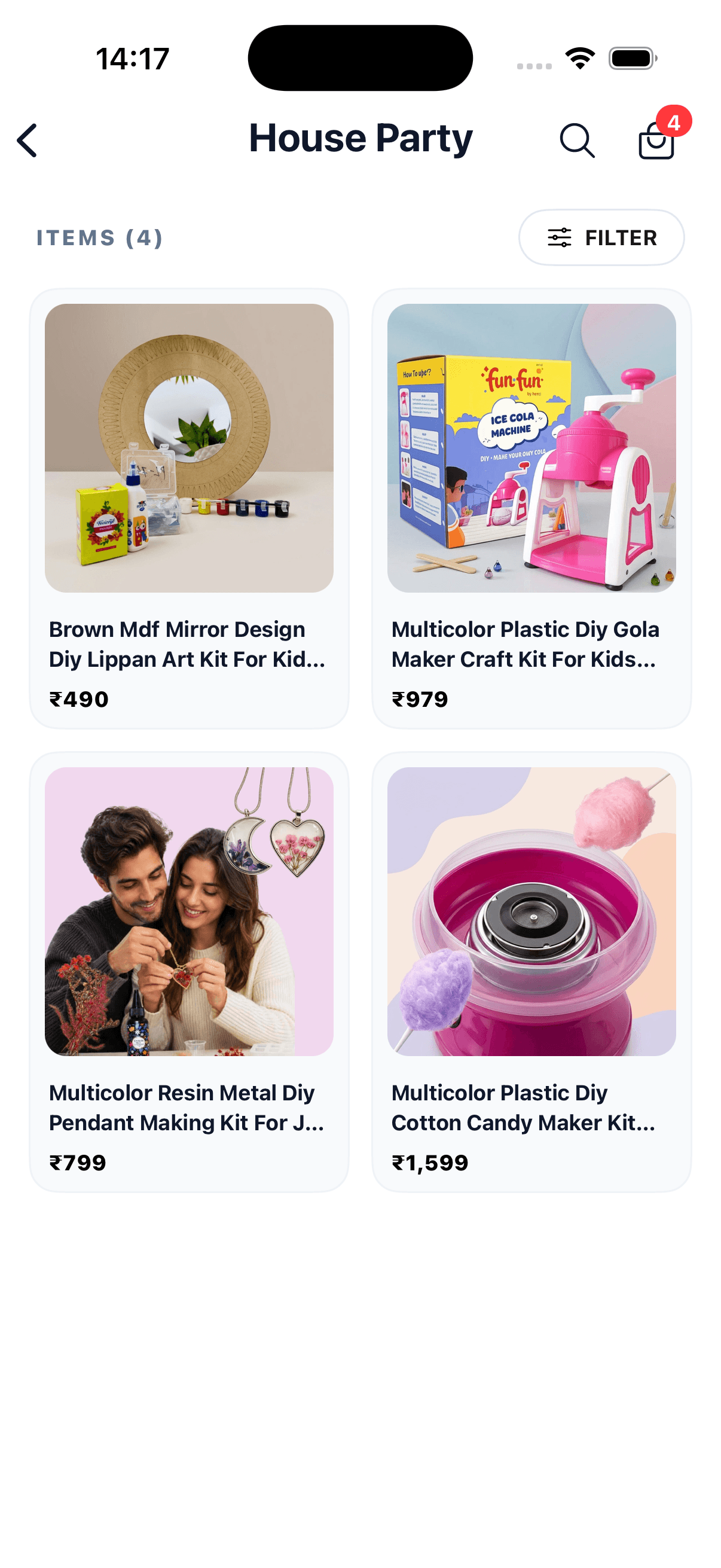 App screen showing products inside a single collection, with a filter control