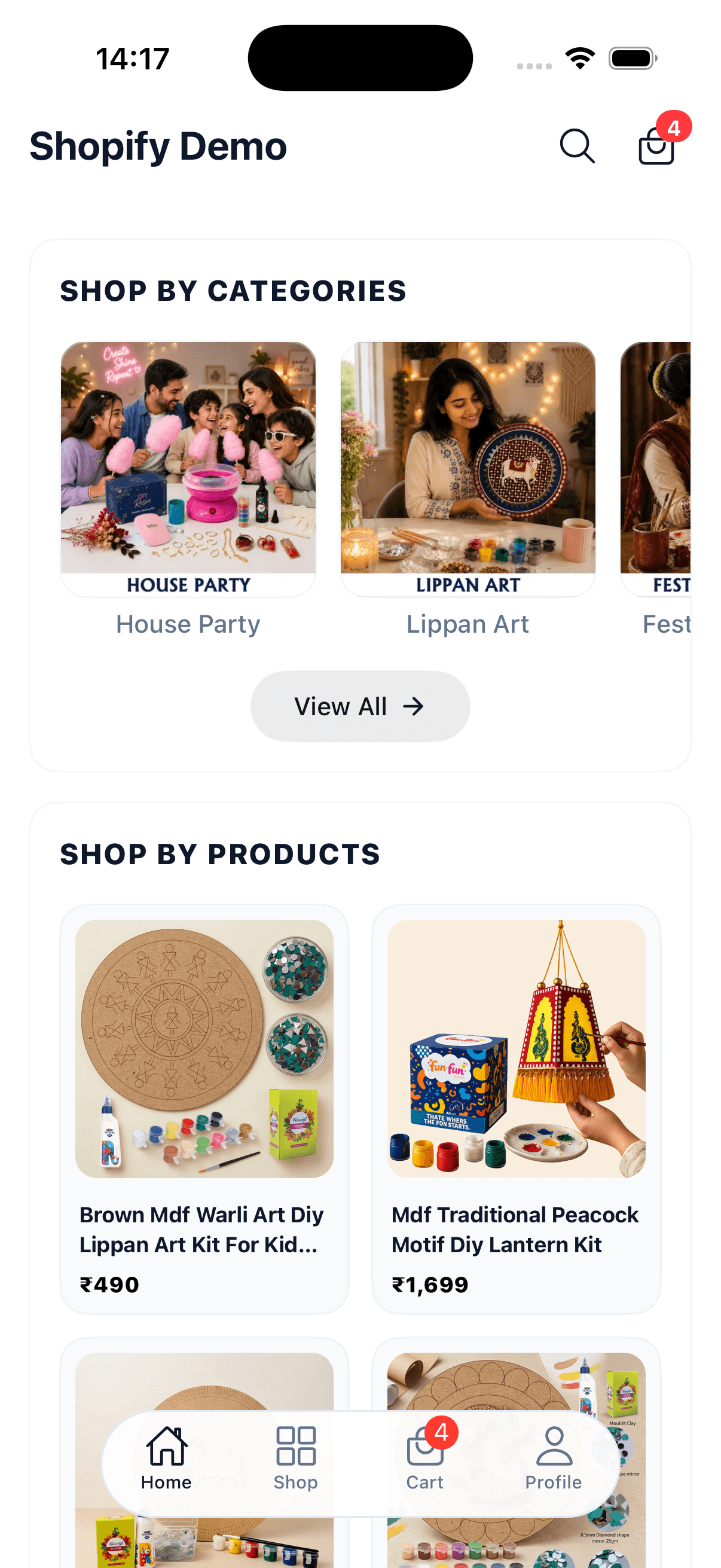 App home screen showing shop-by-category carousel and a product grid